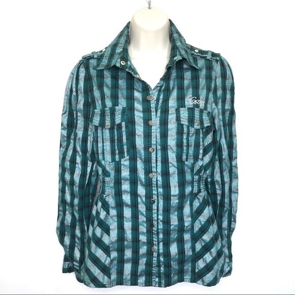 COOGI Metallic Plaid Snap Front Western Shirt Embroidered Spell Out Sz L - Picture 3 of 16